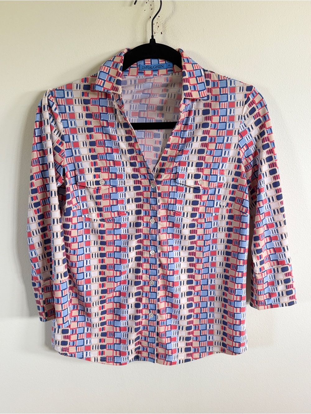 J. McLaughlin Pink and Blue Geometric Button-Front Blouse XS